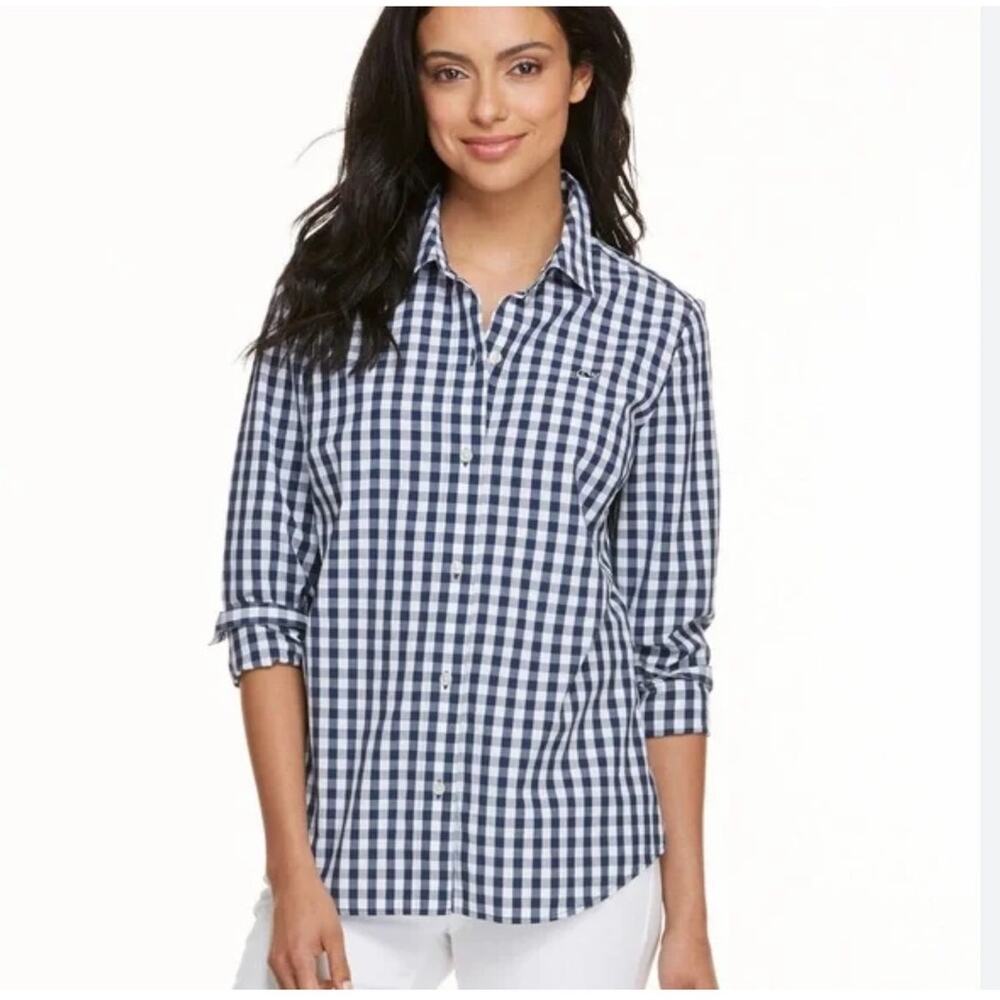 vineyard vines gingham button up shirt navy womens size 10